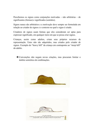 Percebemos os signos como conjunções motivadas – não arbitrárias – de
significantes (formas) e significados (sentidos).

Signos nunca são arbitrários e a motivação deve sempre ser formulada em
relação ao criador de signos e o contexto no qual o signo é criado.

Criadores de signos usam formas que eles consideram ser aptas para
expressar significado, em qualquer meio em que se possa criar signos.

Crianças, assim como adultos, criam seus próprios recursos de
representação. Estes não são adquiridos, mas criados pelo criador de
signos. Exemplo do “heavy hill” da criança em contraponto ao “steep hill”
do adulto.



    Convenções não negam novas criações, mas procuram limitar o
     âmbito semiótico de combinações.
 