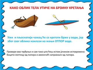 КАКП ПБЛИК ТЕЛА УТИЧЕ НА БРЗИНУ КРЕТАОА
Ужи и пљпснатији чамац ће се кретати брже у впди, јер
збпг свпг пблика наилази на маои ПТППР впде.
Прпвери пвп тврђеое и сам такп штп ћеш истпм јачинпм истпвременп
бацити лпптицу пд папира и авипнчић направљен пд папира.
 