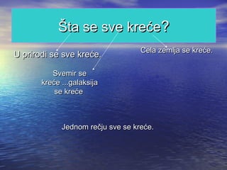 Šta se sve krećeŠta se sve kreće??
U prirodi se sve kreće.U prirodi se sve kreće. Cela zemlja se kreće.Cela zemlja se kreće.
Svemir seSvemir se
kreće ...galaksijakreće ...galaksija
se krećese kreće
Jednom rečju sve se kreće.Jednom rečju sve se kreće.
 