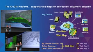 One Map:
Web Map
Desktop
Tablets
Smart Phones
Web Sites
ArcGIS Online or
Portal for ArcGIS
Any Device
Browsers
Social Media
The ArcGIS Platform… supports web maps on any device, anywhere, anytime
My Feature Services Web App 1
Online Basemap Web Map Web App 2
Other Online Services Web App 3
 