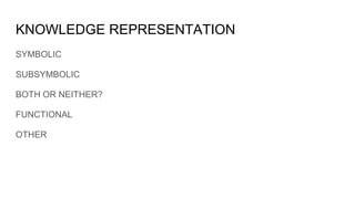 KNOWLEDGE REPRESENTATION
SYMBOLIC
SUBSYMBOLIC
BOTH OR NEITHER?
FUNCTIONAL
OTHER
 