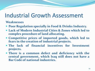Industrial Growth Assessment
Weaknesses
 Poor Regulation specially in Food & Drinks Industry.
 Lack of Modern Industrial Cities & Zones which led to
complex procedure of land allocating.
 Competitive prices of imported goods, which led to
fears in the creation of industrial projects.
 The lack of financial incentives for Investment
projects.
 There is a common defect and deficiency with the
central government, which Iraq still does not have a
Bar Code of national industries.
14
 