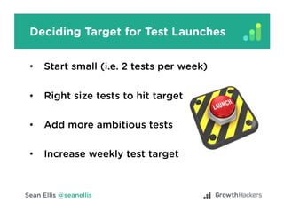 Deciding Target for Test Launches
•  Start small (i.e. 2 tests per week)
•  Right size tests to hit target
•  Add more amb...