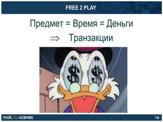 FREE 2 PLAY
Предмет = Время = Деньги
Транзакции
14
 