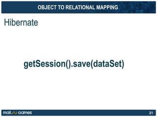 OBJECT TO RELATIONAL MAPPING
Hibernate
getSession().save(dataSet)
21
 