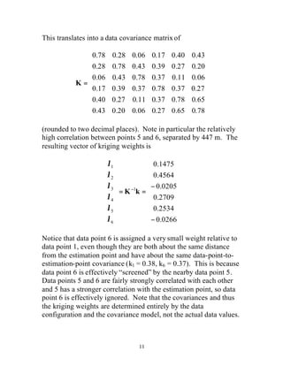 This translates into a data covariance matrix of 
0.78 0.28 0.06 0.17 0.40 0.43 
0.28 0.78 0.43 0.39 0.27 0.20 
0.06 0.43 0.78 0.37 0.11 0.06 
0.17 0.39 0.37 0.78 0.37 0.27 
0.40 0.27 0.11 0.37 0.78 0.65 
11 
ù 
ú ú ú ú ú ú ú 
û 
é 
ê ê ê ê ê ê ê 
ë 
= 
0.43 0.20 0.06 0.27 0.65 0.78 
K 
(rounded to two decimal places). Note in particular the relatively 
high correlation between points 5 and 6, separated by 447 m. The 
resulting vector of kriging weights is 
ù 
ú ú ú ú ú ú ú 
0.1475 
0.4564 
0.0205 
û 
é 
ê ê ê ê ê ê ê ë 
- 
0.2709 
0.2534 
- 
= = 
ù 
ú ú ú ú ú ú ú 
û 
é 
ê ê ê ê ê ê ê 
l 
l 
l 
l 
l 
ë 
- 
0.0266 
1 
1 
2 
3 
4 
5 
6 
K k 
l 
Notice that data point 6 is assigned a very small weight relative to 
data point 1, even though they are both about the same distance 
from the estimation point and have about the same data-point-to-estimation- 
point covariance (k1 = 0.38, k6 = 0.37). This is because 
data point 6 is effectively “screened” by the nearby data point 5. 
Data points 5 and 6 are fairly strongly correlated with each other 
and 5 has a stronger correlation with the estimation point, so data 
point 6 is effectively ignored. Note that the covariances and thus 
the kriging weights are determined entirely by the data 
configuration and the covariance model, not the actual data values. 
 