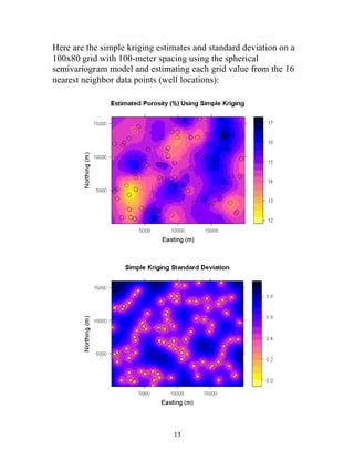 Here are the simple kriging estimates and standard deviation on a 
100x80 grid with 100-meter spacing using the spherical 
semivariogram model and estimating each grid value from the 16 
nearest neighbor data points (well locations): 
13 
 
