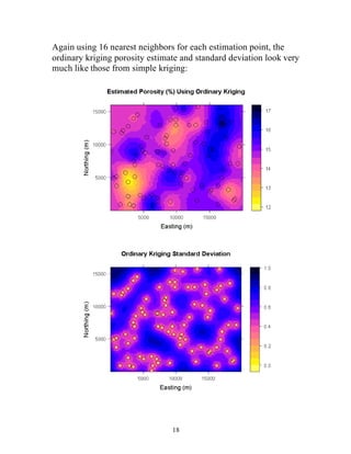 Again using 16 nearest neighbors for each estimation point, the 
ordinary kriging porosity estimate and standard deviation look very 
much like those from simple kriging: 
18 
 