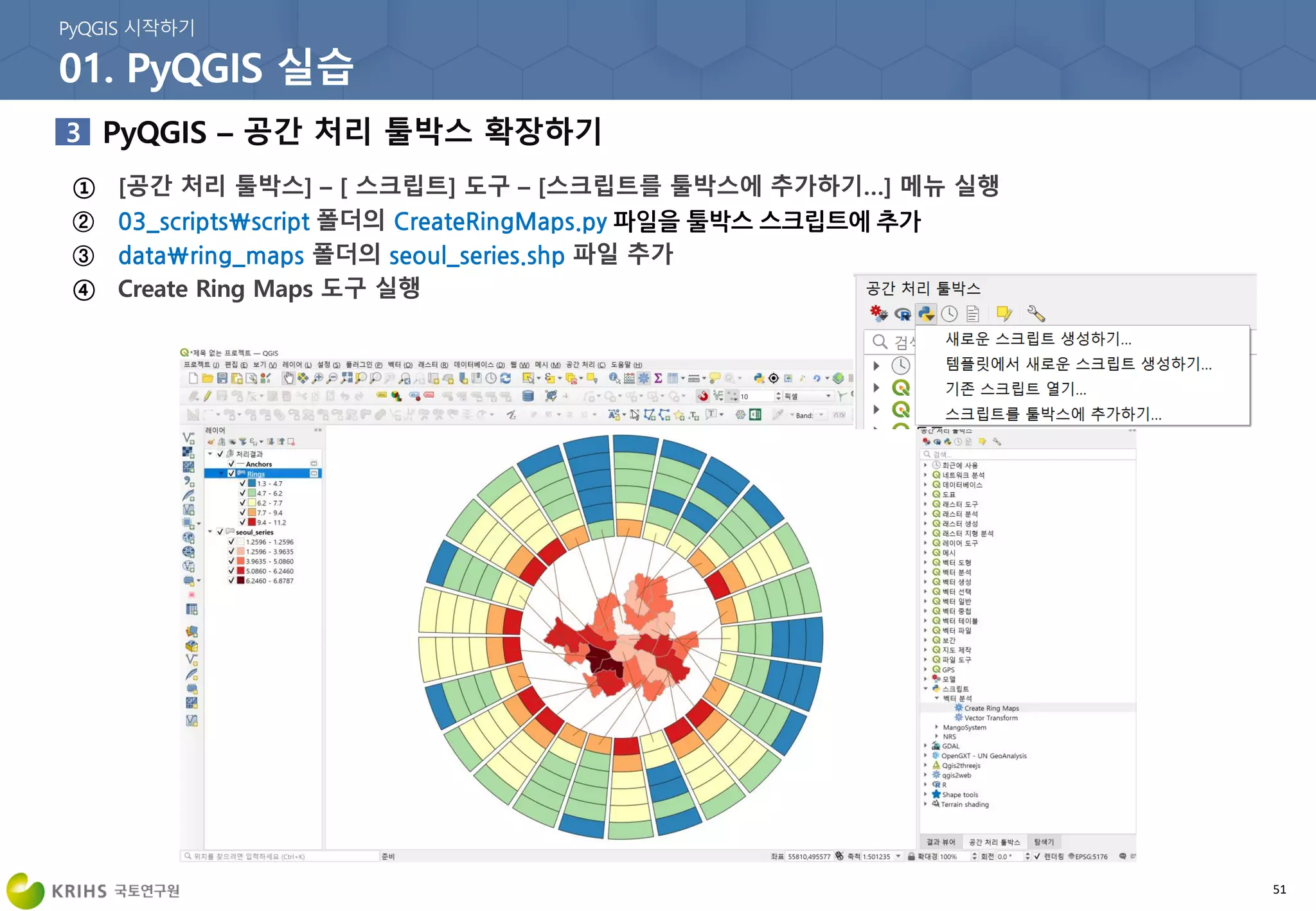 ② 03_scriptsscript CreateRingMaps.py 파일을 툴박스 스크립트에 추가
③ dataring_maps seoul_series.shp
51
 