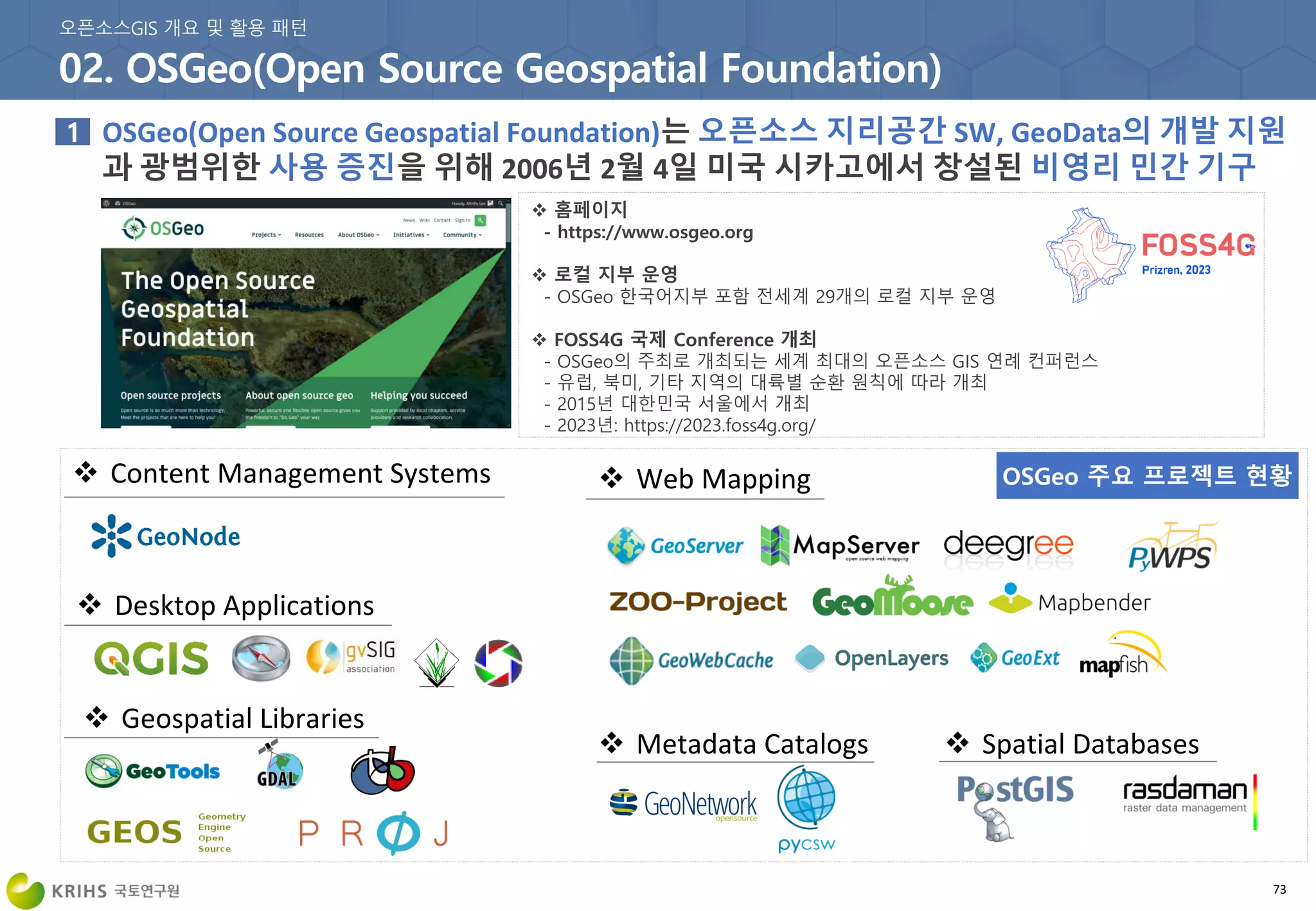  홈페이지
- https://www.osgeo.org
 로컬 지부 운영
- OSGeo 한국어지부 포함 전세계 29개의 로컬 지부 운영
 FOSS4G 국제 Conference 개최
- OSGeo의 주최로 개최되는 세계 최대의 오픈소스 GIS 연례 컨퍼런스
- 유럽, 북미, 기타 지역의 대륙별 순환 원칙에 따라 개최
- 2015년 대한민국 서울에서 개최
- 2023년: https://2023.foss4g.org/
OSGeo(Open Source Geospatial Foundation)는 오픈소스 지리공간 SW, GeoData의 개발 지원
과 광범위한 사용 증진을 위해 2006년 2월 4일 미국 시카고에서 창설된 비영리 민간 기구
73
 Content Management Systems
 Desktop Applications
 Geospatial Libraries
 Metadata Catalogs  Spatial Databases
 Web Mapping OSGeo 주요 프로젝트 현황
 