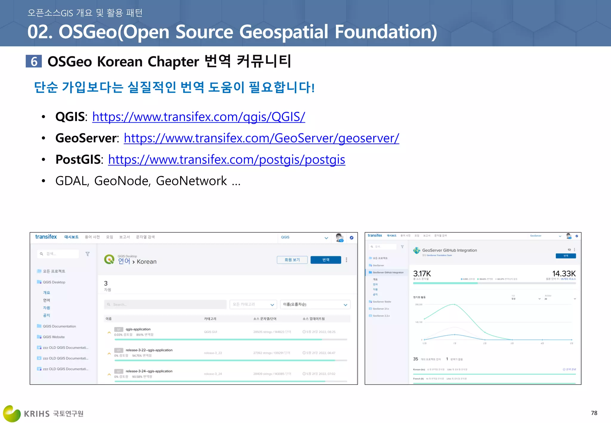 단순 가입보다는 실질적인 번역 도움이 필요합니다!
78
• QGIS: https://www.transifex.com/qgis/QGIS/
• GeoServer: https://www.transifex.com/GeoServer/geoserver/
• PostGIS: https://www.transifex.com/postgis/postgis
• GDAL, GeoNode, GeoNetwork …
 