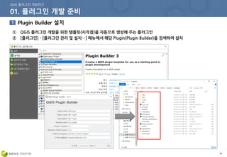 54
① QGIS 플러그인 개발을 위한 템플릿(시작점)을 자동으로 생성해 주는 플러그인
② [플러그인] - [플러그인 관리 및 설치…] 메뉴에서 해당 Plugin(Plugin Builder)을 검색하여 설치
 