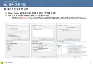 57
① Plugin Builder 실행 후 플러그인 정보를 입력하여 기본 템플릿 생성
② 정보 입력 후 저장 폴더는 QGIS 플러그인 기본 폴더로 지정
 C:UsersusernameAppDataRoamingQGISQGIS3profilesdefaultpythonplugins
 