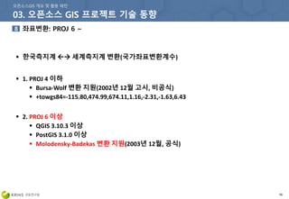 86
 한국측지계  세계측지계 변환(국가좌표변환계수)
 1. PROJ 4 이하
 Bursa-Wolf 변환 지원(2002년 12월 고시, 비공식)
 +towgs84=-115.80,474.99,674.11,1.16,-2.31,-1.63,6.43
 2. PROJ 6 이상
 QGIS 3.10.3 이상
 PostGIS 3.1.0 이상
 Molodensky-Badekas 변환 지원(2003년 12월, 공식)
 