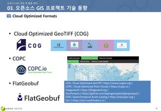 97
• Cloud Optimized GeoTIFF (COG)
• COPC
• FlatGeobuf COG: Cloud-Optimized GeoTiff ( https://www.cogeo.org )
COPC: Cloud-Optimized Point Clouds ( https://copc.io )
Flatgeobuff ( https://flatgeobuf.org )
GeoParquet ( https://github.com/opengeospatial/geoparquet )
STAC: SpatioTemporal Asset Catalog ( https://stacspec.org )
Zarr ( https://zarr.readthedocs.io )
 
