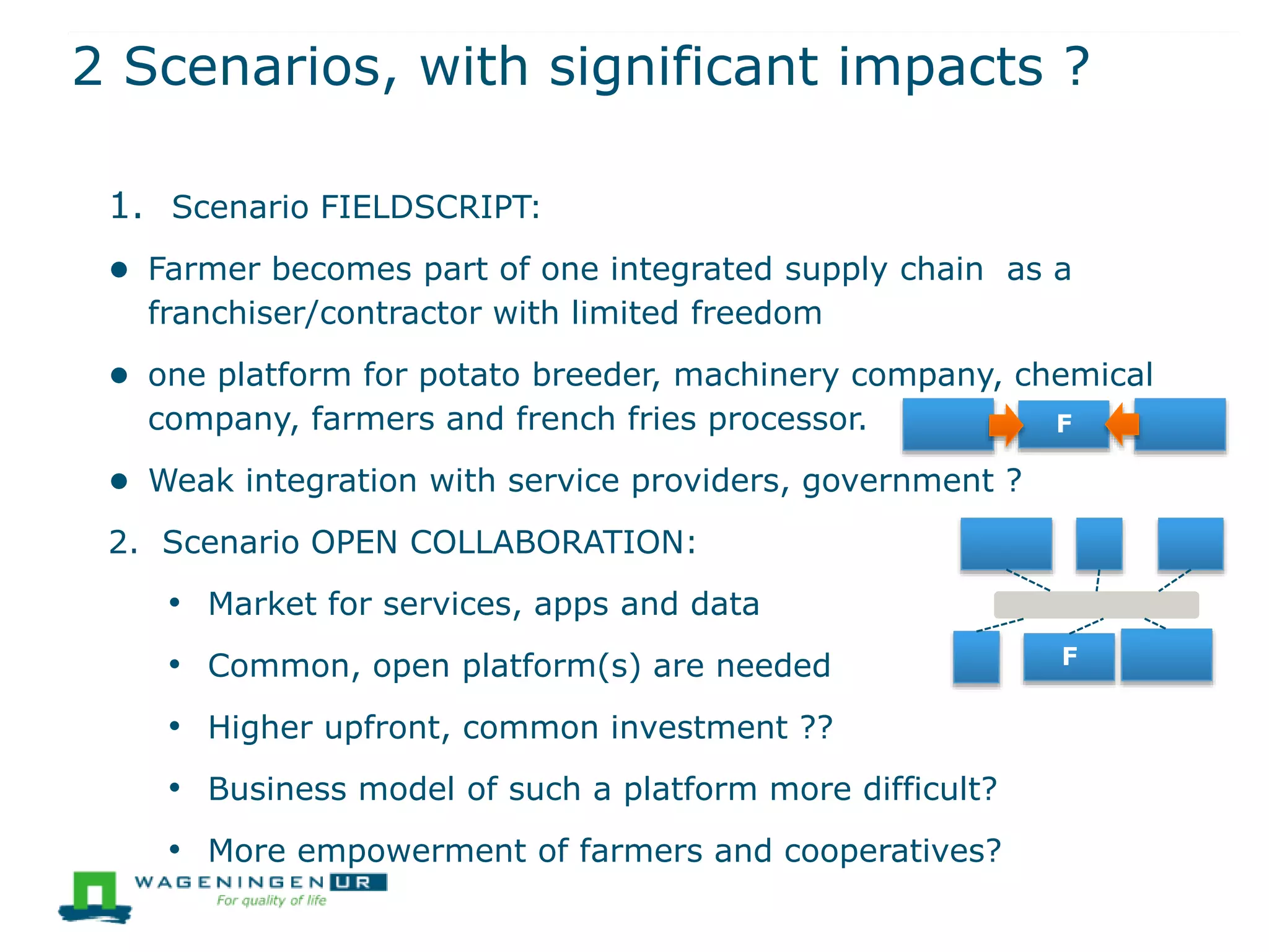 2 Scenarios, with significant impacts ?
1. Scenario FIELDSCRIPT:
● Farmer becomes part of one integrated supply chain as a
franchiser/contractor with limited freedom
● one platform for potato breeder, machinery company, chemical
company, farmers and french fries processor.
● Weak integration with service providers, government ?
2. Scenario OPEN COLLABORATION:
• Market for services, apps and data
• Common, open platform(s) are needed
• Higher upfront, common investment ??
• Business model of such a platform more difficult?
• More empowerment of farmers and cooperatives?
F
F
 