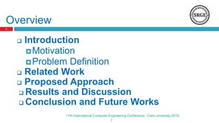 Overview
 Introduction
Motivation
Problem Definition
 Related Work
 Proposed Approach
 Results and Discussion
 Conclusion and Future Works
11th International Computer Engineering Conference , Cairo university 2015.
)
2
 