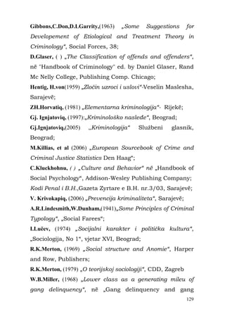 Gibbons,C.Don,D.LGarrity,(1963)    „Some    Suggestions       for
Developement of Etiological and Treatment Theory in
Criminology“, Social Forces, 38;
D.Glaser, ( ) „The Classification of offends and offenders“,
në "Handbook of Criminology" ed. by Daniel Glaser, Rand
Mc Nelly College, Publishing Comp. Chicago;
Hentig, H.von(1959) „Zločin uzroci i uslovi“-Veselin Maslesha,
Sarajevë;
ZH.Horvatiq, (1981) „Elementarna kriminologija“- Rijekë;
Gj. Ignjatoviq, (1997):„Kriminološko nasleđe“, Beograd;
Gj.Ignjatoviq,(2005)   „Kriminologija“   Službeni     glasnik,
Beograd;
M.Killias, et al (2006) „European Sourcebook of Crime and
Criminal Justice Statistics Den Haag“;
C.Kluckhohnu, ( ) „Culture and Behavior“ në „Handbook of
Social Psychology“, Addison-Wesley Publishing Company;
Kodi Penal i B.H.,Gazeta Zyrtare e B.H. nr.3/03, Sarajevë;
V. Krivokapiq, (2006) „Prevencija kriminaliteta“, Sarajevë;
A.R.Lindesmith,W.Dunham,(1941)„Some Principles of Criminal
Typology“, „Social Farees“;
I.Luëev, (1974) „Socijalni karakter i politička kultura“,
„Sociologija, No 1“, vjetar XVI, Beograd;
R.K.Merton, (1969) „Social structure and Anomie“, Harper
and Row, Publishers;
R.K.Merton, (1979) „O teorijskoj sociologiji“, CDD, Zagreb
W.B.Miller, (1968) „Lower class as a generating mileu of
gang delinquency“, në „Gang delinquency and gang
                                                              129
 
