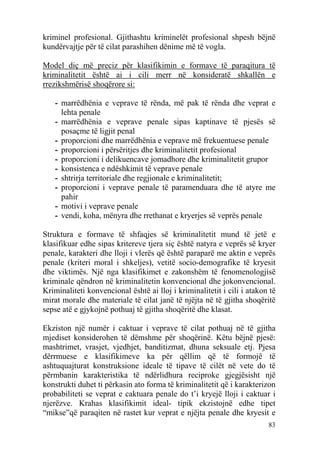 kriminel profesional. Gjithashtu kriminelët profesional shpesh bëjnë
kundërvajtje për të cilat parashihen dënime më të vogla.

Model diç më preciz për klasifikimin e formave të paraqitura të
kriminalitetit është ai i cili merr në konsideratë shkallën e
rrezikshmërisë shoqërore si:

   - marrëdhënia e veprave të rënda, më pak të rënda dhe veprat e
     lehta penale
   - marrëdhënia e veprave penale sipas kaptinave të pjesës së
     posaçme të ligjit penal
   - proporcioni dhe marrëdhënia e veprave më frekuentuese penale
   - proporcioni i përsëritjes dhe kriminalitetit profesional
   - proporcioni i delikuencave jomadhore dhe kriminalitetit grupor
   - konsistenca e ndëshkimit të veprave penale
   - shtrirja territoriale dhe regjionale e kriminalitetit;
   - proporcioni i veprave penale të paramenduara dhe të atyre me
     pahir
   - motivi i veprave penale
   - vendi, koha, mënyra dhe rrethanat e kryerjes së veprës penale

Struktura e formave të shfaqjes së kriminalitetit mund të jetë e
klasifikuar edhe sipas kritereve tjera siç është natyra e veprës së kryer
penale, karakteri dhe lloji i vlerës që është paraparë me aktin e veprës
penale (kriteri moral i shkeljes), vetitë socio-demografike të kryesit
dhe viktimës. Një nga klasifikimet e zakonshëm të fenomenologjisë
kriminale qëndron në kriminalitetin konvencional dhe jokonvencional.
Kriminaliteti konvencional është ai lloj i kriminalitetit i cili i atakon të
mirat morale dhe materiale të cilat janë të njëjta në të gjitha shoqëritë
sepse atë e gjykojnë pothuaj të gjitha shoqëritë dhe klasat.

Ekziston një numër i caktuar i veprave të cilat pothuaj në të gjitha
mjediset konsiderohen të dëmshme për shoqërinë. Këtu bëjnë pjesë:
mashtrimet, vrasjet, vjedhjet, banditizmat, dhuna seksuale etj. Pjesa
dërrmuese e klasifikimeve ka për qëllim që të formojë të
ashtuquajturat konstruksione ideale të tipave të cilët në vete do të
përmbanin karakteristika të ndërlidhura reciproke gjegjësisht një
konstrukti duhet ti përkasin ato forma të kriminalitetit që i karakterizon
probabiliteti se veprat e caktuara penale do t’i kryejë lloji i caktuar i
njerëzve. Krahas klasifikimit ideal- tipik ekzistojnë edhe tipet
“mikse”që paraqiten në rastet kur veprat e njëjta penale dhe kryesit e
                                                                         83
 