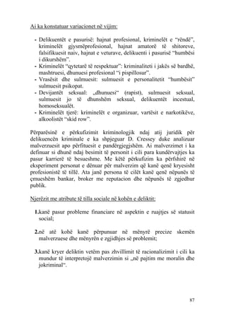 Ai ka konstatuar variacionet në vijim:

 - Delikuentët e pasurisë: hajnat profesional, kriminelët e “rëndë”,
   kriminelët gjysmëprofesional, hajnat amatorë të shitoreve,
   falsifikuesit naiv, hajnat e veturave, delikuenti i pasurisë “humbësi
   i dikurshëm”.
 - Kriminelët “qytetarë të respektuar”: kriminaliteti i jakës së bardhë,
   mashtruesi, dhunuesi profesional “i pispillosur”.
 - Vrasësit dhe sulmuesit: sulmuesit e personalitetit “humbësit”
   sulmuesit psikopat.
 - Devijantët seksual: „dhunuesi“ (rapist), sulmuesit seksual,
   sulmuesit jo të dhunshëm seksual, delikuentët incestual,
   homoseksualët.
 - Kriminelët tjerë: kriminelët e organizuar, vartësit e narkotikëve,
   alkoolistët “skid row”.

Përparësinë e përkufizimit kriminologjik ndaj atij juridik për
delikuencën kriminale e ka shpjeguar D. Cressey duke analizuar
malverzuesit apo përfituesit e pandërgjegjshëm. Ai malverzimet i ka
definuar si dhunë ndaj besimit të personit i cili para kundërvajtjes ka
pasur karrierë të besueshme. Me këtë përkufizim ka përfshirë në
eksperiment personat e dënuar për malverzim që kanë qenë kryesisht
profesionistë të tillë. Ata janë persona të cilët kanë qenë nëpunës të
çmueshëm bankar, broker me reputacion dhe nëpunës të zgjedhur
publik.

Njerëzit me atribute të tilla sociale në kohën e deliktit:

 1.kanë pasur probleme financiare në aspektin e ruajtjes së statusit
   social;

 2.në atë kohë kanë përpunuar në mënyrë precize skemën
   malverzuese dhe mënyrën e zgjidhjes së problemit;

 3.kanë kryer deliktin vetëm pas zhvillimit të racionalizimit i cili ka
   mundur të interpretojë malverzimin si „në pajtim me moralin dhe
   jokriminal“.




                                                                     87
 