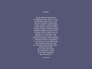 RAD BI
Rad bi narisal porajanje jutra,
pa ugašanje dneva, sonce in sence,
narisal odsev stare vrbe bi v vodi,
kjer pod njo labodi na valih lebde,
in veter, ki drevje v nevihti upogiba,
kipeče oblake in spodaj dva hriba
in cvetje na tratah, pomlad na livadah,
razigrano mladost na obrazih otrok,
in brazde na licih, molitev dveh rok.
Berača, ki s culo koraka v svet,
cigančico črno, njen lesk v očeh.
Tolmune smaragdne, kamnite peščine,
razburkano morje in moje planine
in…da, to bom, to, eno deklico zalo,
njeno golo telo, bojne prsi, lase,
ko v njih sonce vtke prosojno zlato…
Koša dva imam idej,
pa ne znam sam naprej,
sem pred steno, to vem,
bi vse rešil, če vedel bi,
-kje- naj začnem ?!
Janez Medvešek
 