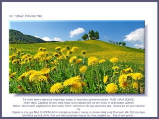 Ta motiv sem si izbral za mojo tretjo knjigo, ki nosi temu primeren naslov - RAD IMAM SONCE.
Imam idejo. Zapeljite se tam sredi maja na ta najlepši grič na tem svetu in se predajte užitkom.
Našim, slovenskim, najlepšim na tem svetu! Holm, cerkvica in ob njej slovenske lipe. Okolica pa en sam nebeški
raj.
Oglejte si moj pps NAJ BO POMLAD in strinjali se boste z menoj, ko boste videli vsaj 55 enakih slik. Od tu je lepo
izhodišče za na Lubnik. Ena ura tako božanske hoje je do vrha, razgled pa… Kaj bi vam pravil…
SV. TOMAŽ, PRAPROTNO
 