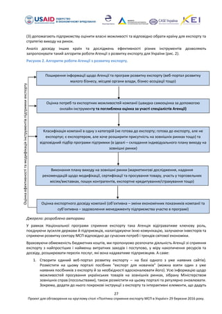 27
Проект для обговорення на круглому столі «Політика сприяння експорту МСП в Україні» 29 березня 2016 року.
(3) допомагають підприємству оцінити власні можливості та відповідно обрати країну для експорту та
стратегію виходу на ринок.
Аналіз досвіду інших країн та досліджень ефективності різних інструментів дозволяють
запропонувати такий алгоритм роботи Агенції з розвитку експорту для України (рис. 2).
Рисунок 2. Алгоритм роботи Агенції з розвитку експорту.
Джерело: розроблено авторами
У рамках Національної програми сприяння експорту така Агенція відіграватиме ключову роль,
поєднуючи зусилля держави й підприємців, налагоджуючи їхню комунікацію, залучаючи інвесторів та
сприяючи розвитку сектору МСП відповідно до сучасних потреб і трендів світової економіки.
Враховуючи обмеженість бюджетних коштів, ми пропонуємо розпочати діяльність Агенції зі сприяння
експорту з найпростіших і найменш витратних заходів і поступово, у міру накопичення ресурсів та
досвіду, розширювати перелік послуг, які вона надаватиме підприємцям. А саме:
1. Створити єдиний веб-портал розвитку експорту – на базі одного з уже наявних сайтів).
Розмістити на цьому порталі посібник "експорт для новачків" (можна взяти один з уже
наявних посібників з експорту й за необхідності вдосконалювати його). Усю інформацію щодо
можливостей просування українських товарів на зовнішніх ринках, зібрану Міністерством
зовнішніх справ (посольствами), також розмістити на цьому порталі та регулярно оновлювати.
Зокрема, додати до нього покрокові інструкції з експорту та інтерактивні елементи, що дадуть
Оцінкаефективностітамодифікаціяінструментівпідтримкиекспорту
Поширення інформації щодо Агенції та програм розвитку експорту (веб-портал розвитку
малого бізнесу, місцеві органи влади, бізнес-асоціації тощо)
Оцінка потреб та експортних можливостей компанії (швидка самооцінка за допомогою
онлайн-інструменту та поглиблена оцінка за участі спеціалістів Агенції)
Класифікація компанії в одну з категорій (не готова до експорту; готова до експорту, але не
експортує; є експортером, але хоче розширити присутність на зовнішніх ринках тощо) та
відповідний підбір програми підтримки (в ідеалі – складання індивідуального плану виходу на
зовнішні ринки)
Виконання плану виходу на зовнішні ринки (маркетингові дослідження, надання
рекомендацій щодо модифікації, сертифікації та просування товару, участь у торговельних
місіях/виставках, пошук контрагентів, експортне кредитування/страхування тощо)
Оцінка експортного досвіду компанії (об’єктивна – зміни економічних показників компанії та
суб’єктивна – задоволення менеджменту підприємства участю в програмі)
 