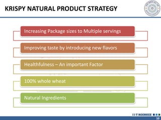 10
KRISPY NATURAL PRODUCT STRATEGY
Increasing Package sizes to Multiple servings
Improving taste by introducing new flavors
Healthfulness – An important Factor
100% whole wheat
Natural Ingredients
 