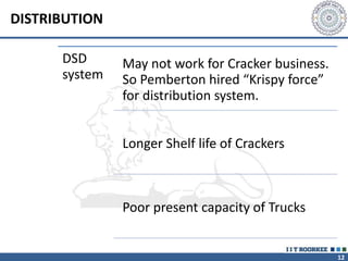 12
DISTRIBUTION
DSD
system
May not work for Cracker business.
So Pemberton hired “Krispy force”
for distribution system.
Longer Shelf life of Crackers
Poor present capacity of Trucks
 