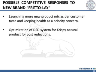 19
POSSIBLE COMPETITIVE RESPONSES TO
NEW BRAND “FRITTO-LAY”
• Launching more new product mix as per customer
taste and keeping health as a priority concern.
• Optimization of DSD system for Krispy natural
product for cost reductions.
 