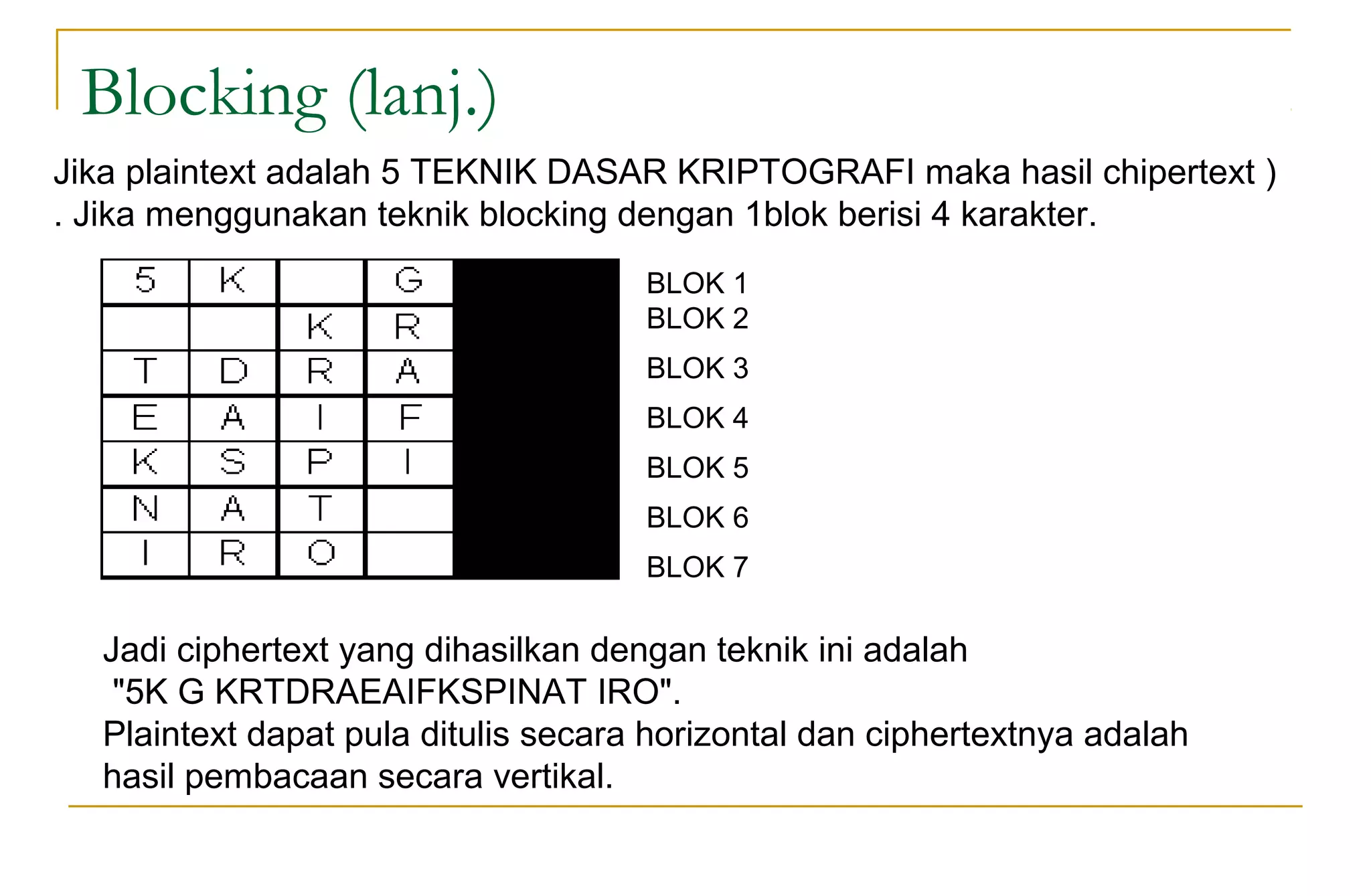 Blocking (lanj.)
BLOK 1
BLOK 2
BLOK 3
BLOK 4
BLOK 5
BLOK 6
BLOK 7
Jadi ciphertext yang dihasilkan dengan teknik ini adalah
"5K G KRTDRAEAIFKSPINAT IRO".
Plaintext dapat pula ditulis secara horizontal dan ciphertextnya adalah
hasil pembacaan secara vertikal.
Jika plaintext adalah 5 TEKNIK DASAR KRIPTOGRAFI maka hasil chipertext )
. Jika menggunakan teknik blocking dengan 1blok berisi 4 karakter.
 