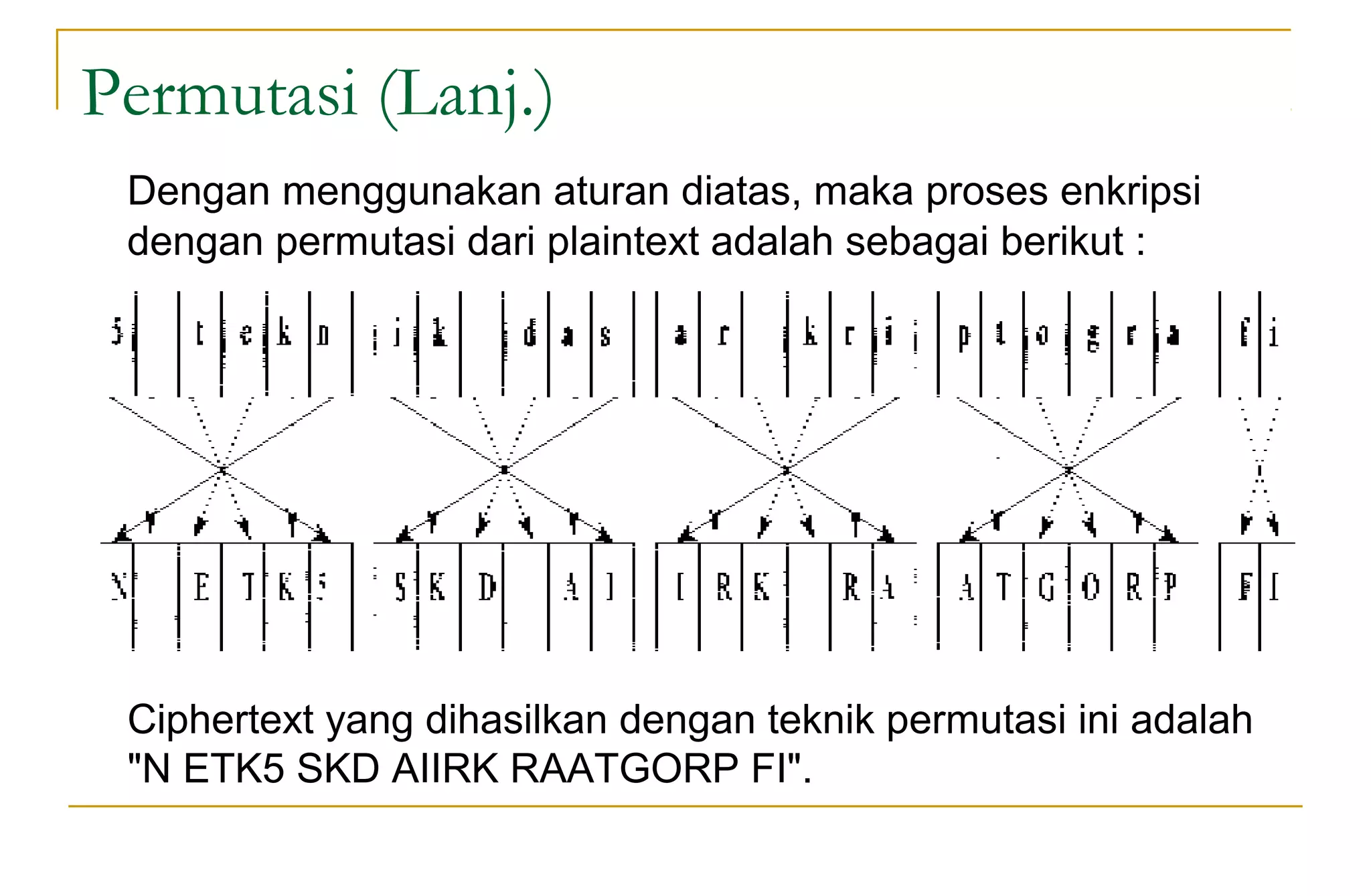 Permutasi (Lanj.)
Dengan menggunakan aturan diatas, maka proses enkripsi
dengan permutasi dari plaintext adalah sebagai berikut :
Ciphertext yang dihasilkan dengan teknik permutasi ini adalah
"N ETK5 SKD AIIRK RAATGORP FI".
 