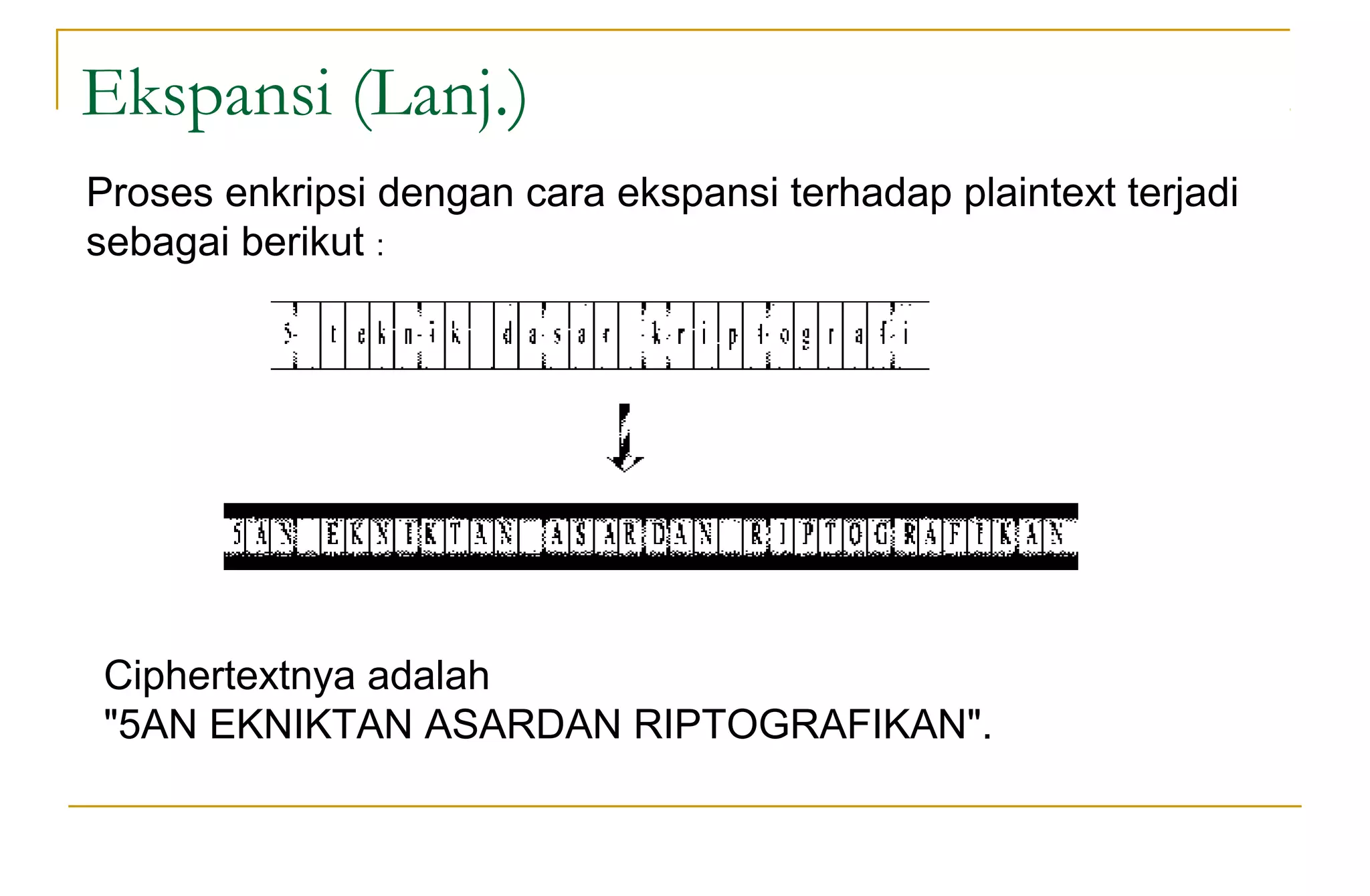 Ekspansi (Lanj.)
Proses enkripsi dengan cara ekspansi terhadap plaintext terjadi
sebagai berikut :
Ciphertextnya adalah
"5AN EKNIKTAN ASARDAN RIPTOGRAFIKAN".
 