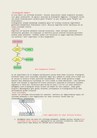 -Kriptografi Nedir? 
En kısa tabiri ile şifreleme bilimidir. İnsanlar yüzyıllardır önemli bilgilerin korunması 
için uğraş vermişlerdir. Bu uğraşın sonucunda da Kriptografi doğmuştur. Kriptografi terimi 
ilk olarak Yunancada gizli anlamına gelen “Kriptos” ve yazı anlamına gelen “Graphi” den 
türetilmiştir. 
Kriptografiyi anlamak matematiği anlamaktan geçer bir kriptoyu oluşturan algoritmalar 
genellikle matematiksel fonksiyonlar içerir. Aklınıza algoritma terimi takıldıysa onu da 
kısaca açıklamak isterim. 
-Algoritma 
Algoritma ilk başlarda matematik alanında kullanılmış. Fakat ilerleyen vakitlerde 
teknolojinin gelişmesi ile bilgisayar ve özellikle yazılım alanında kullanıma geçirilmiş 
problem çözme yöntemidir. Problemi çözmek için kullanılan en yaygın algoritma yöntemleri 
ise şunlardır; Satır algoritması ve Akış diyagramları 
Akış diyagramına örnektir. 
Az çok algoritmanın da ne olduğunu kavradıysanız yazıma devam etmek istiyorum. Kriptografi 
biliminde sadece şifre oluşturmak isteyenler değil aynı zamanda bu alanda şifre kırmak için 
de çalışan on binlerce Kripto analistler bulunmaktadır. Örnek vermek gerekirse Enigma 
makinesi Nazi Almanyasının kullandığı bir şifre üretme ve çözme makinesidir. Lakin müttefik 
devlet olan Polonya ve İngiltere’nin Kripto analistleri sayesinde bu şifrelerin çözülmesi 
sağlanmış ve hatta bazı tarihçilere göre Avrupa da savaş 1 yıl bir yıl erken bitmiştir. 
Gördüğünüz üzere Kriptografi bilimi tarihte çok önemli bir yere sahiptir. Şimdi genel 
bilgileri öğrendiğimize göre geçmiş tarihteki şifrelemelere ve Kriptografiye biraz daha 
derinlemesine girmek istiyorum. 
-Sezar Şifrelemesi 
Tarihin ilk şifreleme fikirlerinden bir tanesidir. Harflerin yer değiştirmesine dayalı bir 
şifreleme yöntemidir.3 harf değiştirmeli bir Sezar şifresini resimle daha iyi 
anlayacağınızı zannediyorum. 
3 Harf değiştirmeli bir Sezar şifresine örnektir. 
1. Gördüğünüz üzere çok basit bir şifreleme yöntemedir. Günümüz şartları altında Brute 
Force(Kaba Kuvvet Saldırısı) uygulayarak bu tip şifreleri kırabiliriz. Kaba Kuvvet 
saldırılarını daha detaylı bir şekilde ayrıca anlatacağım. 
 