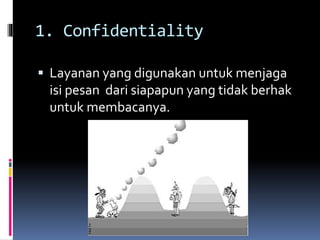 1. Confidentiality 
 Layanan yang digunakan untuk menjaga 
isi pesan dari siapapun yang tidak berhak 
untuk membacanya. 
 