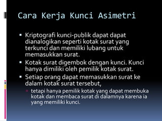 Cara Kerja Kunci Asimetri 
 Kriptografi kunci-publik dapat dapat 
dianalogikan seperti kotak surat yang 
terkunci dan memiliki lubang untuk 
memasukkan surat. 
 Kotak surat digembok dengan kunci. Kunci 
hanya dimiliki oleh pemilik kotak surat. 
 Setiap orang dapat memasukkan surat ke 
dalam kotak surat tersebut, 
 tetapi hanya pemilik kotak yang dapat membuka 
kotak dan membaca surat di dalamnya karena ia 
yang memiliki kunci. 
 