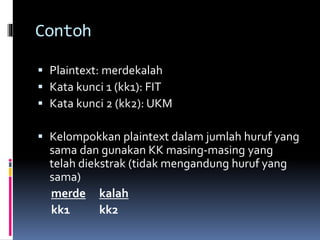 Contoh 
 Plaintext: merdekalah 
 Kata kunci 1 (kk1): FIT 
 Kata kunci 2 (kk2): UKM 
 Kelompokkan plaintext dalam jumlah huruf yang 
sama dan gunakan KK masing-masing yang 
telah diekstrak (tidak mengandung huruf yang 
sama) 
merde kalah 
kk1 kk2 
 