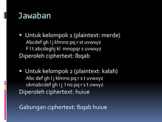 Jawaban 
 Untuk kelompok 1 (plaintext: merde) 
Abcdef gh I j klmno pq r st uvwxyz 
F I t abcdeghj kl mnopqr s uvwxyz 
Diperoleh ciphertext: lbqab 
 Untuk kelompok 2 (plaintext: kalah) 
Abc def gh I j klmno pq r s t uvwxyz 
ukmabcdef gh i j l no pq r s t vwxyz 
Diperoleh ciphertext: huiue 
Gabungan ciphertext: lbqab huiue 
 