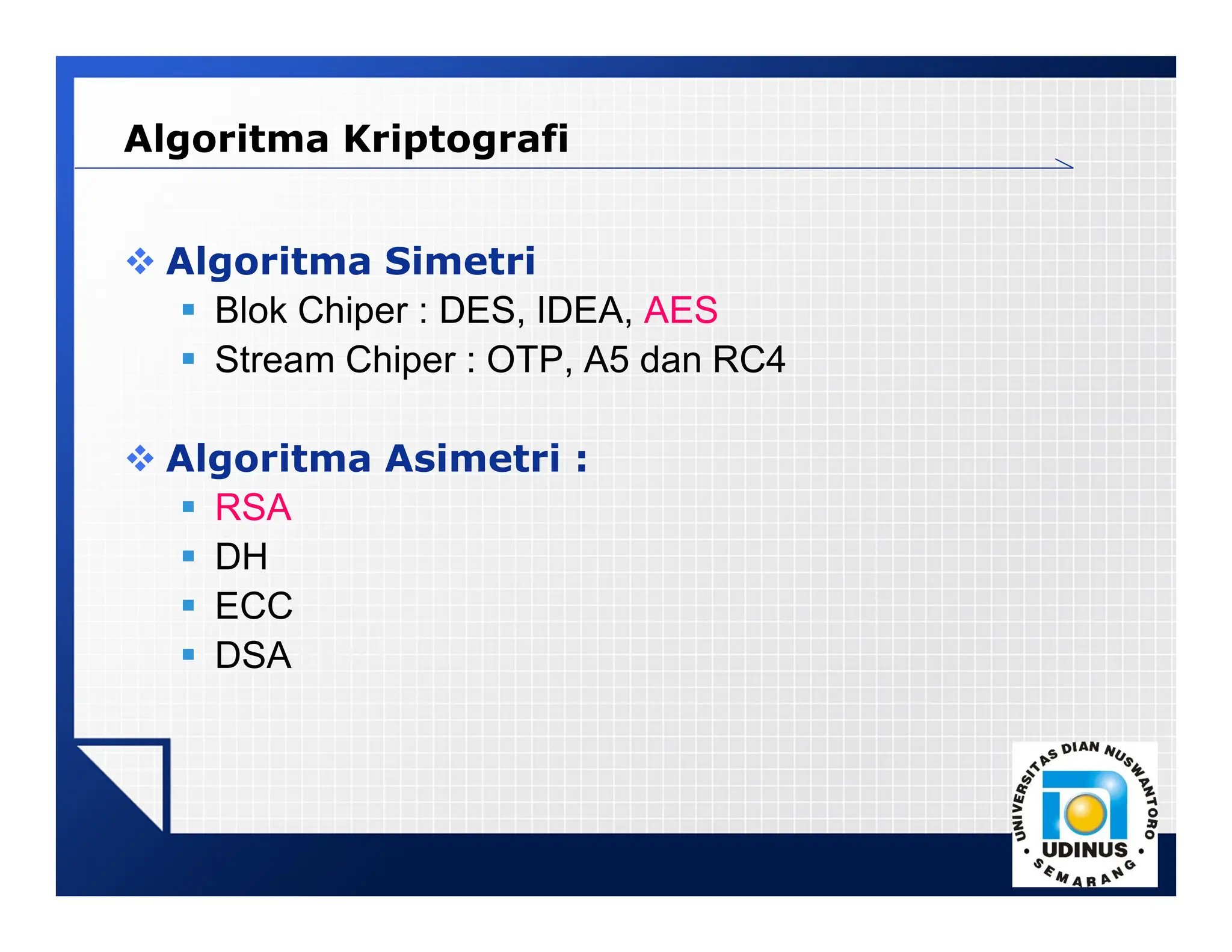 LOGO
Algoritma Kriptografi
 Algoritma Simetri
 Blok Chiper : DES, IDEA, AES
 Stream Chiper : OTP, A5 dan RC4
 Algoritma Asimetri :
 RSA
 DH
 ECC
 DSASHA1
 