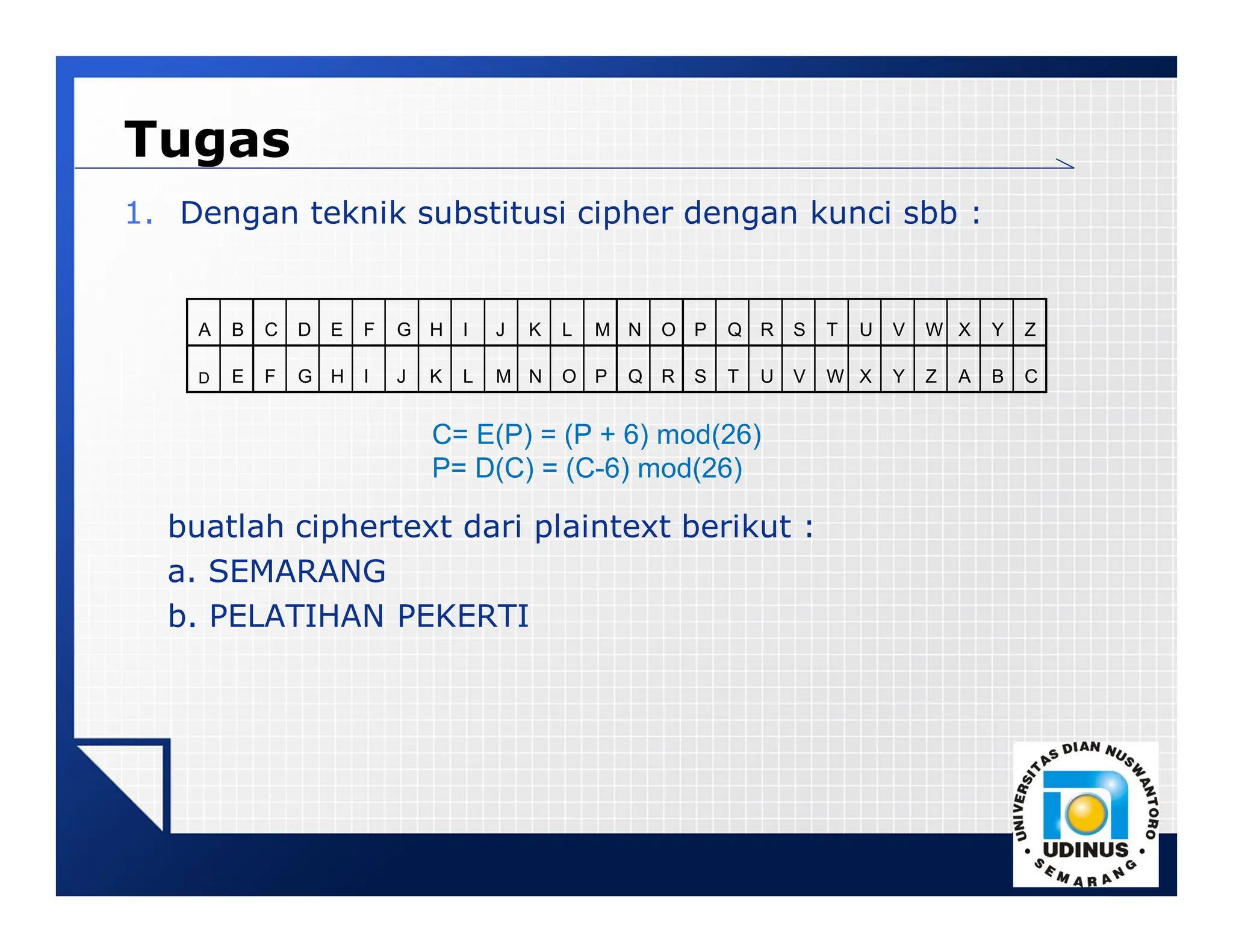 LOGO
Tugas
1. Dengan teknik substitusi cipher dengan kunci sbb :
buatlah ciphertext dari plaintext berikut :
a. SEMARANG
b. PELATIHAN PEKERTI
A B C D E F G H I J K L M N O P Q R S T U V W X Y Z
D E F G H I J K L M N O P Q R S T U V W X Y Z A B C
C= E(P) = (P + 6) mod(26)
P= D(C) = (C-6) mod(26)
 