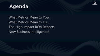 Agenda

What Metrics Mean to You…
What Metrics Mean to Us…
The High Impact RQ4 Reports
New Business Intelligence!
 