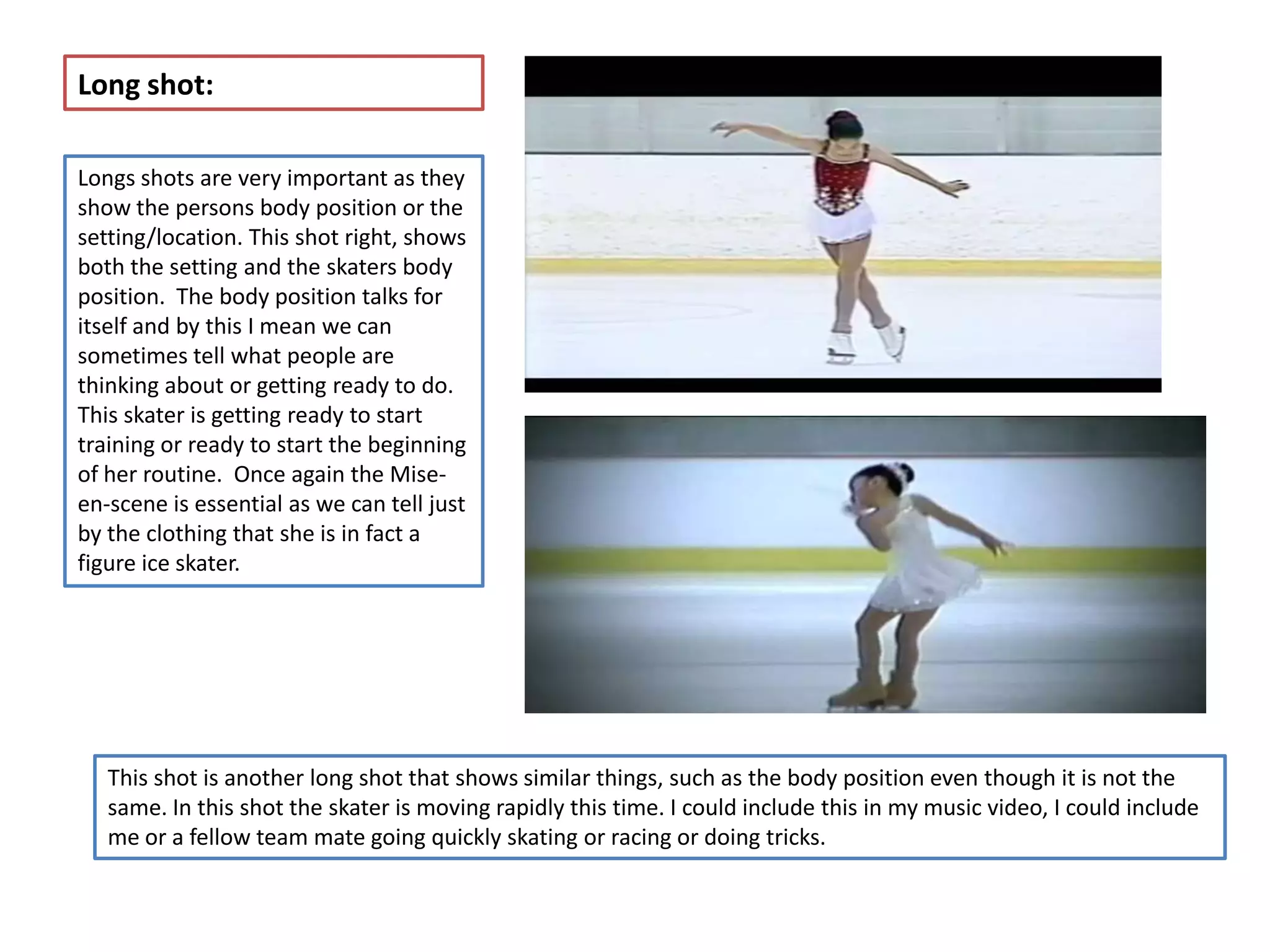 Long shot:

Longs shots are very important as they
show the persons body position or the
setting/location. This shot right, shows
both the setting and the skaters body
position. The body position talks for
itself and by this I mean we can
sometimes tell what people are
thinking about or getting ready to do.
This skater is getting ready to start
training or ready to start the beginning
of her routine. Once again the Mise-
en-scene is essential as we can tell just
by the clothing that she is in fact a
figure ice skater.




   This shot is another long shot that shows similar things, such as the body position even though it is not the
   same. In this shot the skater is moving rapidly this time. I could include this in my music video, I could include
   me or a fellow team mate going quickly skating or racing or doing tricks.
 