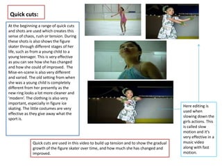 Quick cuts:
At the beginning a range of quick cuts
and shots are used which creates this
sense of chaos, rush or tension. During
these shots is also shows the figure
skater through different stages of her
life, such as from a young child to a
young teenager. This is very effective
as you can see how she has changed
and how she could of improved. The
Mise-en-scene is also very different
and varied. The old setting from when
she was a young child is completely
different from her presently as the
new ring looks a lot more cleaner and
‘modern’. The clothing is also very
important, especially in figure ice
                                                                                              Here editing is
skating. The little costumes are very
                                                                                              used when
effective as they give away what the
                                                                                              slowing down the
sport is.
                                                                                              girls actions. This
                                                                                              is called slow
                                                                                              motion and it’s
                                                                                              very effective in a
              Quick cuts are used in this video to build up tension and to show the gradual   music video
              growth of the figure skater over time, and how much she has changed and         along with fast
              improved.                                                                       motion.
 