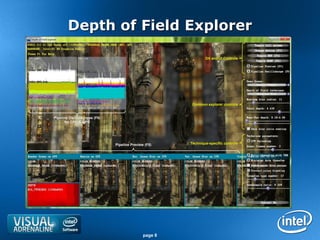 Depth of Field Explorer

                                                               DX and UI Controls




                                                        Common explorer controls


Pipeline Oscilloscopes (F6)
      for CPU & GPU




                              Pipeline Preview (F5)    Technique-specific controls




                                              page 8
 