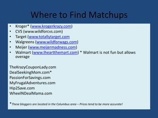 Where to Find Matchups
• Kroger* (www.krogerkrazy.com)
• CVS (www.wildforcvs.com)
• Target (www.totallytarget.com
• Walgreens (www.wildforwags.com)
• Meijer (www.meijermadness.com)
• Walmart (www.Iheartthemart.com) * Walmart is not fun but allows
overage
TheKrazyCouponLady.com
DealSeekingMom.com*
PassionForSavings.com
MyFrugalAdventures.com
Hip2Save.com
WheelNDealMama.com
*These bloggers are located in the Columbus area – Prices tend to be more accurate!
 