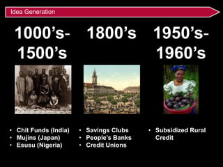 Idea Generation 
1000’s- 
1500’s 
1800’s 1950’s- 
1960’s 
• Chit Funds (India) 
• Mujins (Japan) 
• Esusu (Nigeria) 
• Savings Clubs 
• People’s Banks 
• Credit Unions 
• Subsidized Rural 
Credit 
 