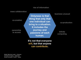 Onlyness is that 
thing that only that 
one individual can 
bring to a situation. 
It includes the 
journey and 
passions of each 
human. 
It’s not that everyone 
will, but that anyone 
can contribute. 
mass collaboration 
Nilofer Merchant credit – Onlyness 
5 trends for impact – deiglmeier 
Social Innovation Trends - Tepsie 
co-production 
co-creation 
Infinite 
computing 
ownership 
to access 
rise of information 
business unusual 
 
