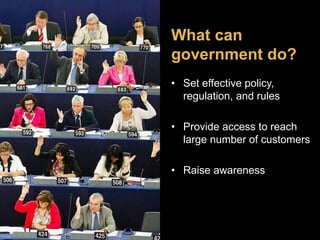 What can 
government do? 
• Set effective policy, 
regulation, and rules 
• Provide access to reach 
large number of customers 
• Raise awareness 
 