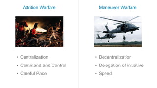 Attrition Warfare      Maneuver Warfare




• Centralization        • Decentralization
• Command and Control   • Delegatio...