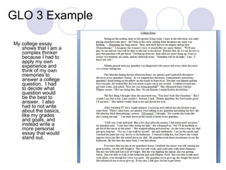 GLO 3 Example My college essay shows that I am a complex thinker because I had to apply my own experience and think of my own memories to answer a college question.  I had to decide what question would be the best to answer.  I also had to not write about the basics, like my grades and goals, and instead write a more personal essay that would stand out. 